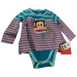Striped Long Sleeve Flounce Style Onesie w/ Sparkly Monkey Face Logo